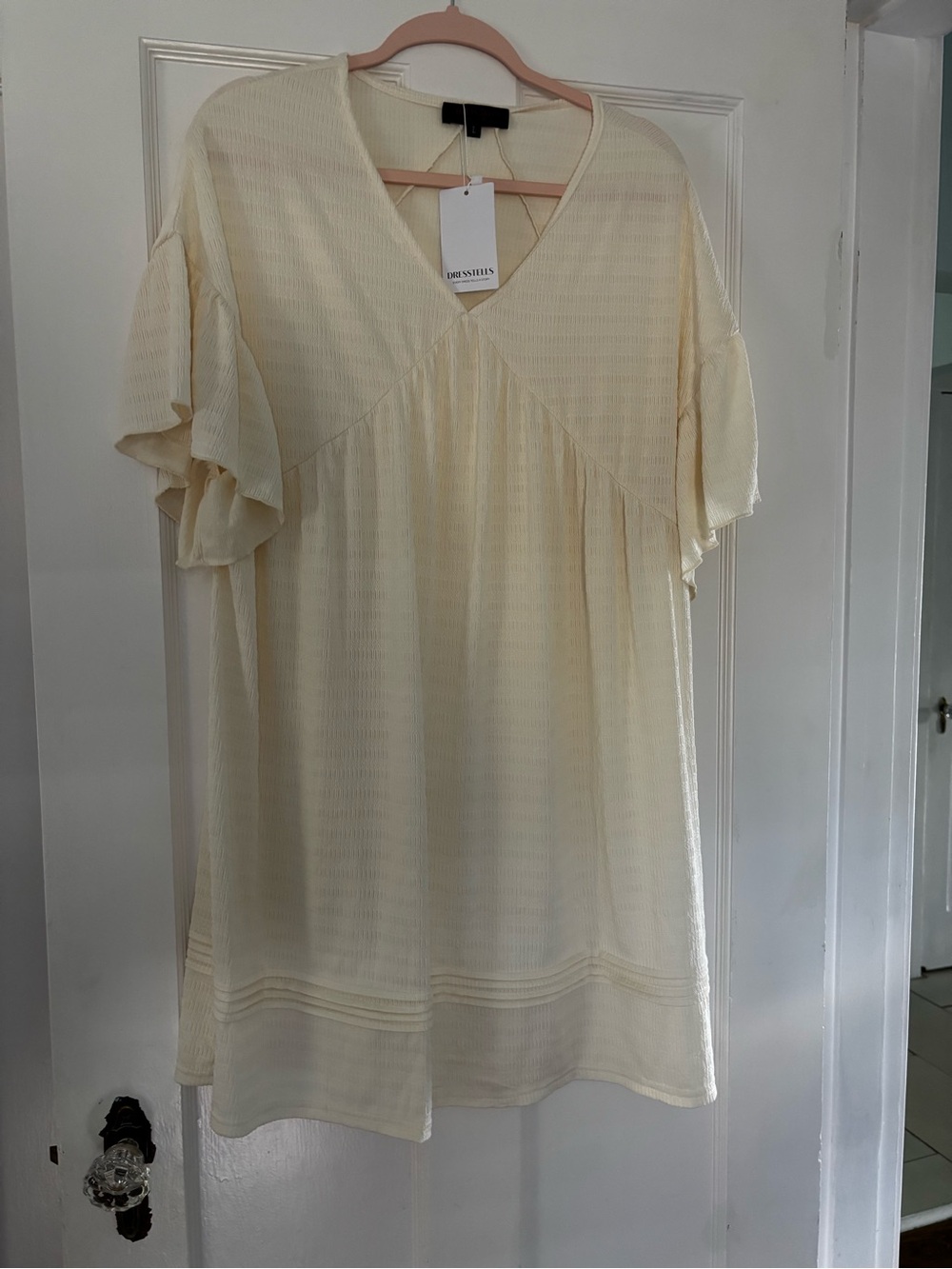 Sleeveless-Look Cream Mini Dress with V-Neck and Flutter Sleeves